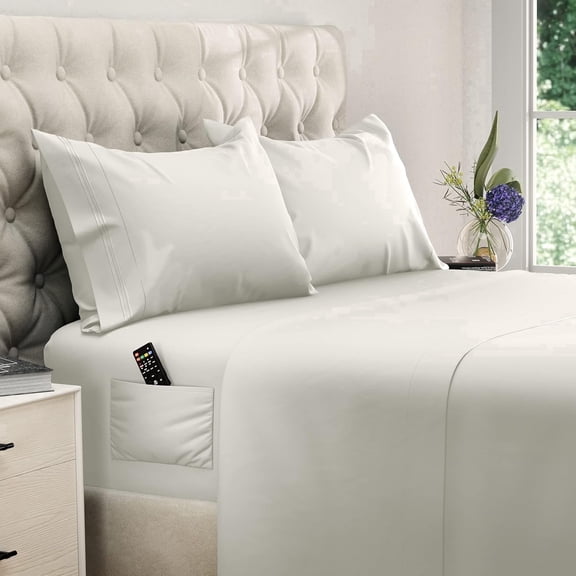 Queen Size 4 Piece Microfiber Sheet Set with Deep Pocket Fitted Sheet, Soft Hotel Style Bedding, Embroidered Pillowcases and Convenient Side Storage Pocket