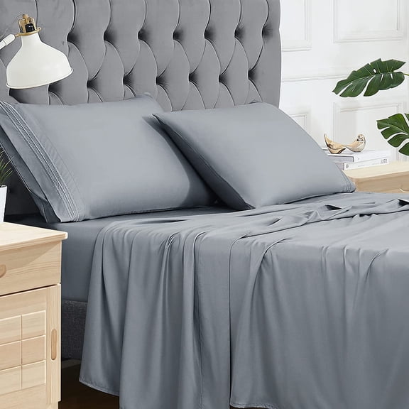Queen Size Sheets Set, 100% Bamboo Cooling Bed Sheets Deep Pocket, Silky Soft and Breathable, 4 Piece 1 Fitted Sheet with 16 Inches, 1 Flat Sheet, 2 Pillowcases (Deep Grey, Queen)