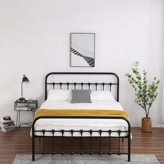 Queen Size Single-Layer Curved Bed Frame with Head and Foot Tube Shell Decoration, Anti-slip Support, No Box Spring Needed, Easy Assembly, Black Iron Bed