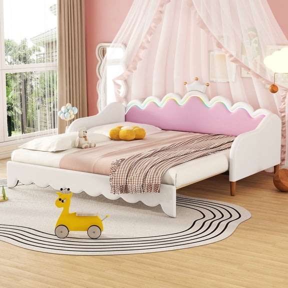 Queen Size Sleeper Sofa, Twin Extending Daybed with LED Lights, Modern Upholstered Princess Daybed With Crown Headboard,White, White Sofa Beds,Wood Convertible Sofa Beds