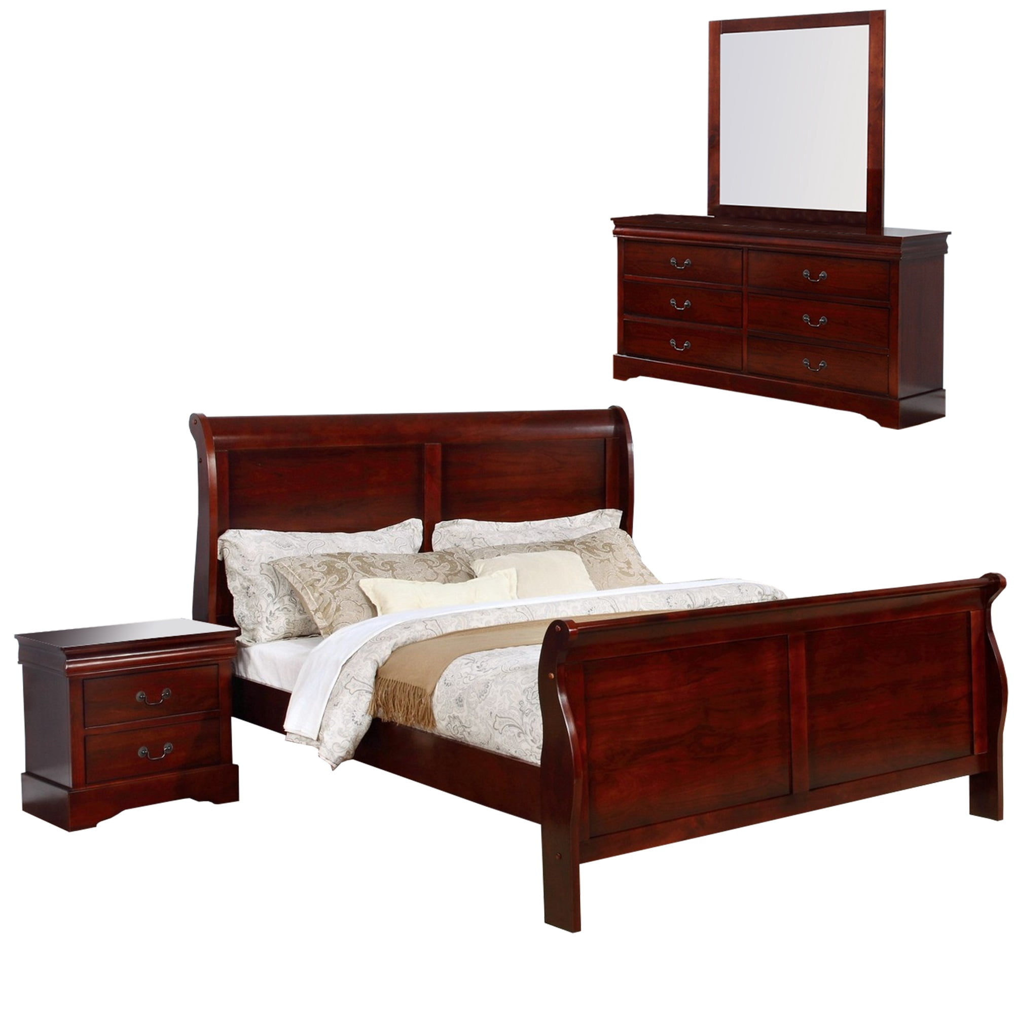 Queen Size Sleigh Wooden 4 Piece Bedroom Set, Cherry - Walmart.com