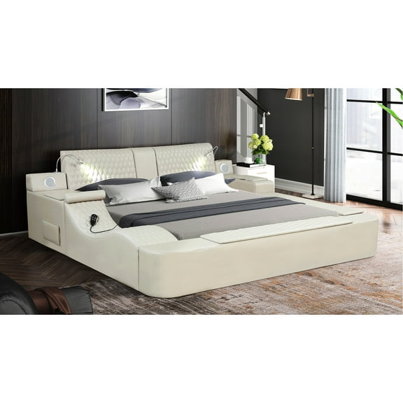 Queen Size Smart Bed With Massager, Speakers, Bookshelf & Reading In Beige Frame Built-in Speakers