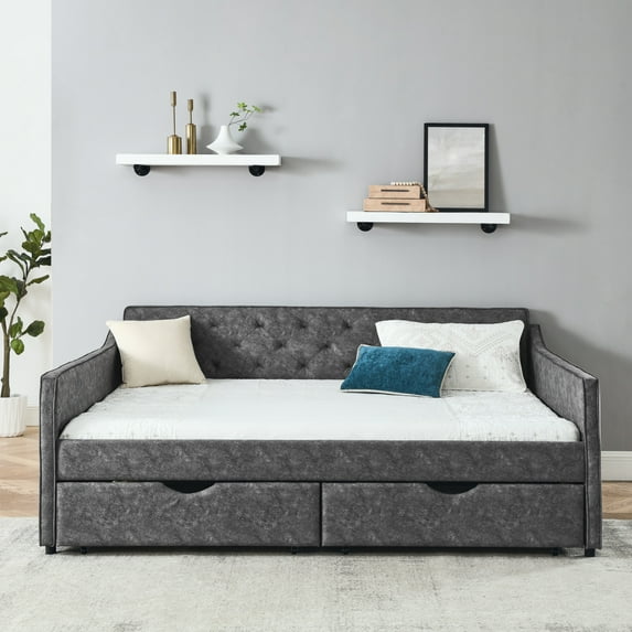 THOWDEE Upholstered Tufted Queen Daybed with Trundle, Gray