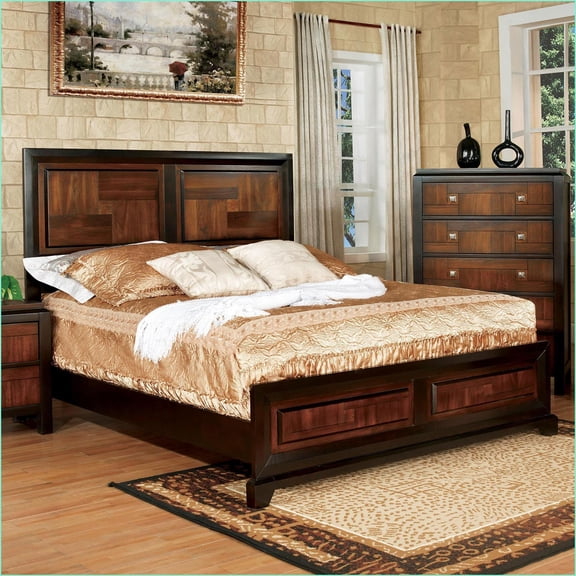 Queen Size Solid Acacia Wood Bed Frame  Walnut Finish Transitional Style with Parquet Headboard & Footboard for Primary Bedroom