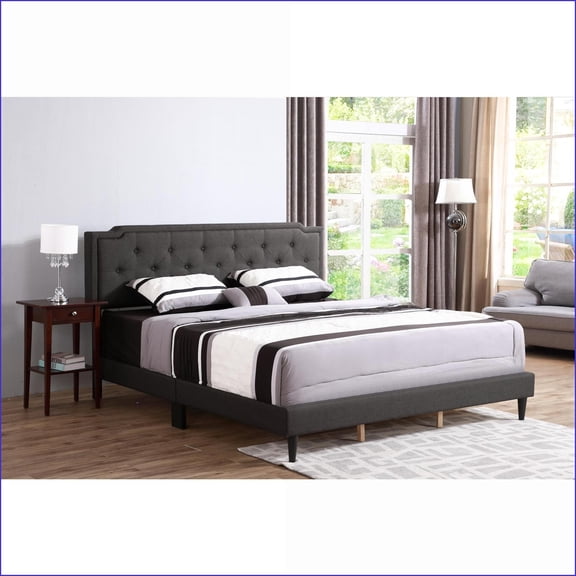 Queen Size Solid Construction Bed Frame with Tufted Headboard Black for Modern Master Bedroom