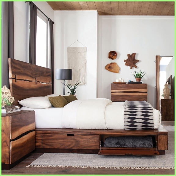 Queen Size Solid Mahogany Storage Platform Bed - Smokey Walnut Veneer for Master Bedroom