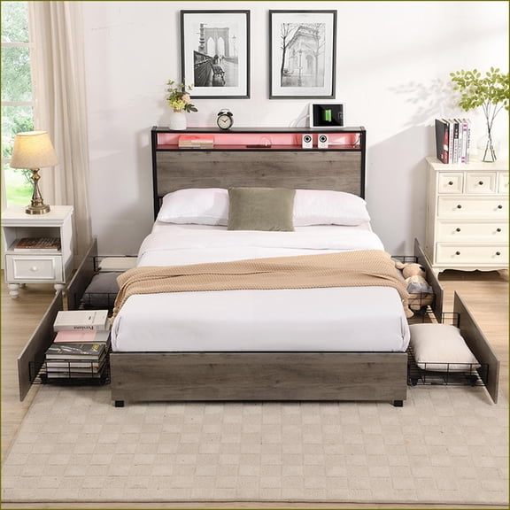 Queen Size Solid Metal Storage Bed Frame with Charging Station & Smart LED, No Box Spring Needed, Sturdy for Master Bedroom