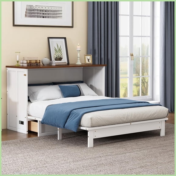 Queen Size Solid Pine Murphy Bed Chest with Charging Station & Large Drawer - White+Walnut for Small Spaces/Home Office