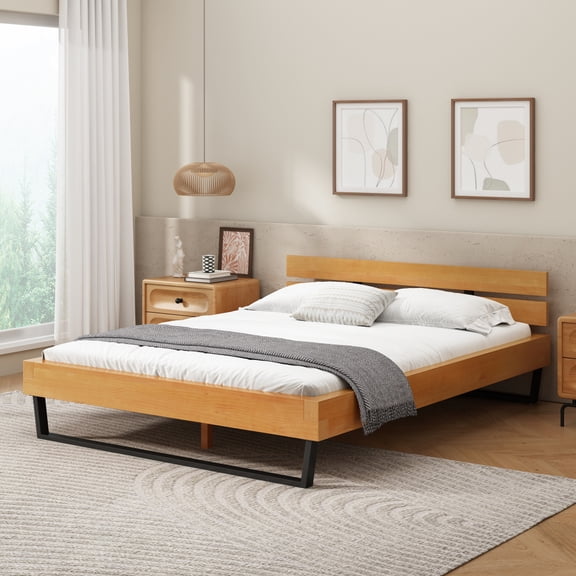 Queen Size Solid Pine Wood Platform Bed Frame, Natural Wood & Black Powder-Coated Metal Hybrid Bed with Headboard Footboard & Full Wooden Slat Support, Industrial Modern Bedroom Mattress Base Fits 6
