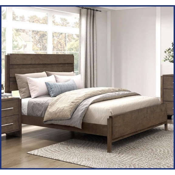 Queen Size Solid Rubberwood Panel Bed Dark Walnut Finish Classic Contemporary Bedroom Furniture