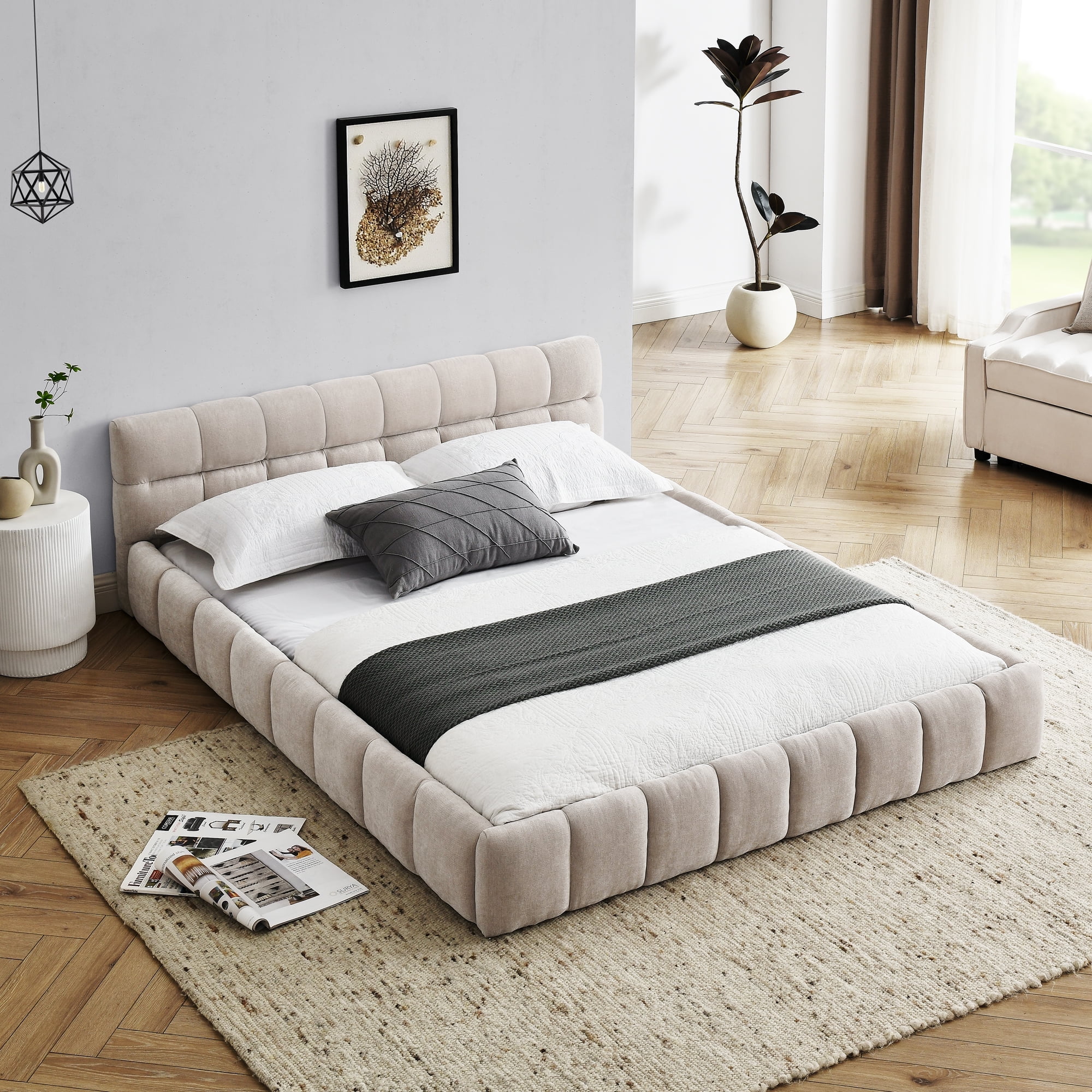 Queen Size Solid and Stable Upholstered Bed Frame with Thick Fabric, Chenille Fabric Grounded Queen Size Platform Bed with Headboard and Solid Frame, No Box Spring Needed(68''*86,5''*23,5'') (Beige)