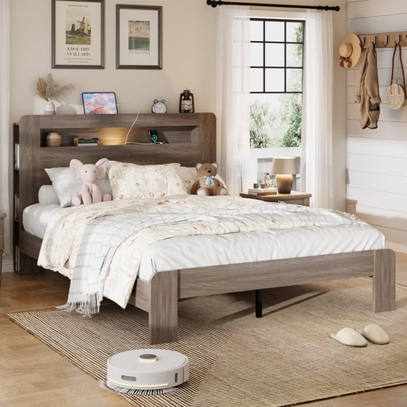 Queen-Size Solid Wood Bed, Double-Layer Headboard with Storage, LED Lighting, Built-in Charging Station, Under-Bed Storage, Silent Operation, No Box Spring Required ,Gray