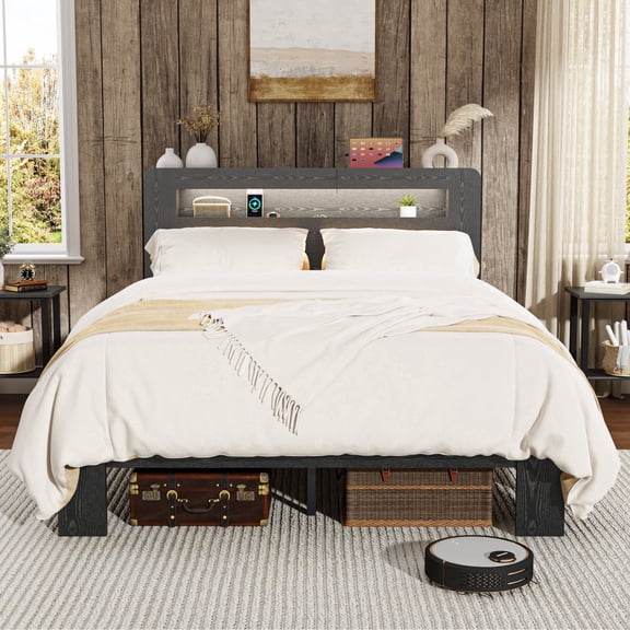 Queen-Size Wooden Bed, Double-Layer Headboard with Storage, LED Lighting, Built-in Charging Station, Under-Bed Storage, Silent Operation, No Box Spring Required ,Black