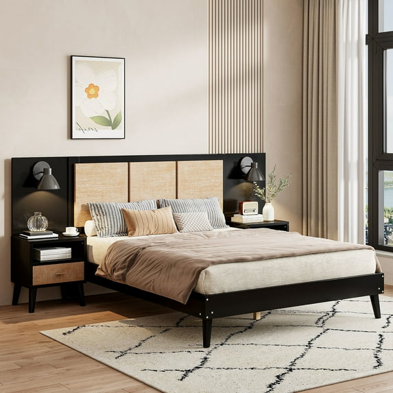 Queen Size Solid Wood Bed Frame, Black, With 2 Stylish Nightstands And Lamps, Mixture For A Luxurious Bedroom Frame Black. Wood,