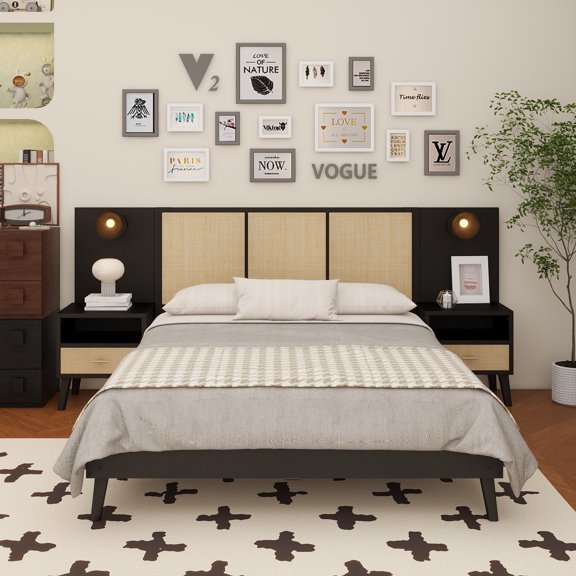 Queen Size Solid Wood Bed Frame with 2 Nightstands, Elegant Design with Lamps, Rattan and Wood Combination,Black