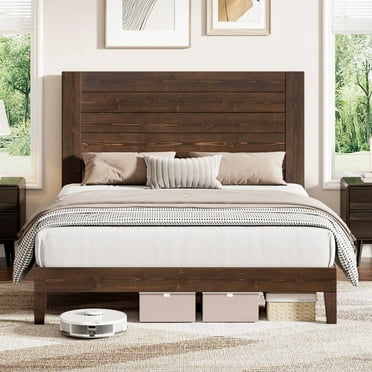VANACC Queen Size Solid Wood Bed Frame with 48.6" Headboard, Mid-Century Platform Bed Frame, Brown Black