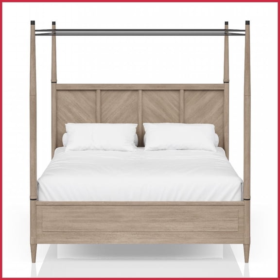 Queen Size Solid Wood Canopy Bed, Warm Sand Finish - Transitional Casual Master Bedroom Centerpiece