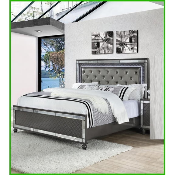 Queen Size Solid Wood Modern Glam Bed Frame - Gray Faux Leather Upholstered Headboard with LED Lights