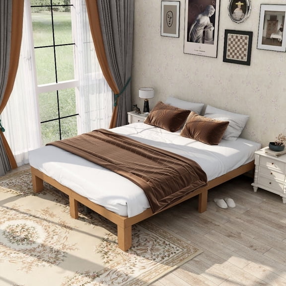 Queen Size Solid Wood Platform Bed - 4 Legs Support, No Box Spring, Stable for Years