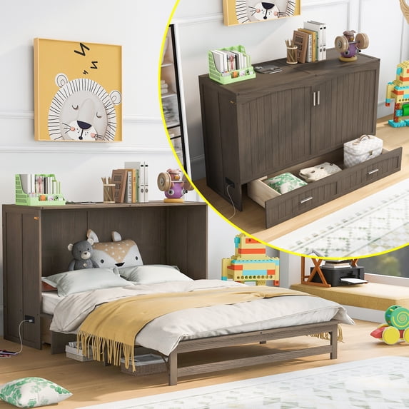 Queen Size Solid Wood Platform Bed with Built-In Charging Station and a Shelf, Wooden Slats Support, Storage Platform Bed, No Box Spring Needed, Easy Assembly(Antique Grey, Queen)