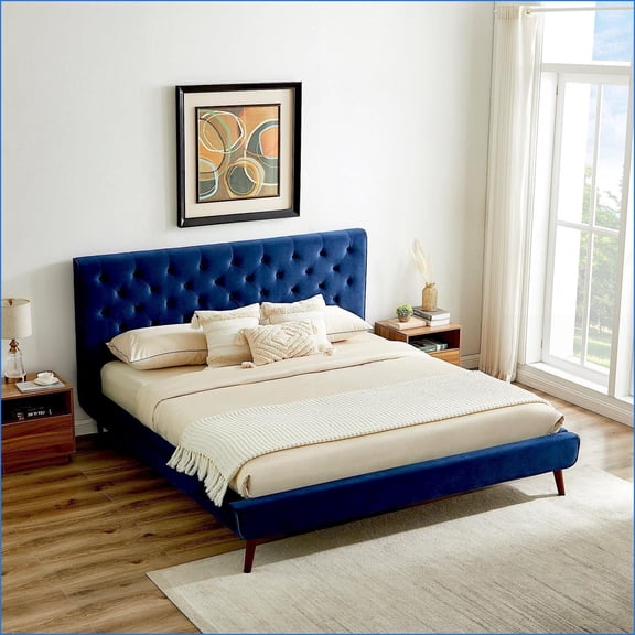 Queen Size Solid Wood Platform Bed Frame - Blue Velvet Upholstered, No Box Spring Needed, Mid-Century Modern for Bedroom