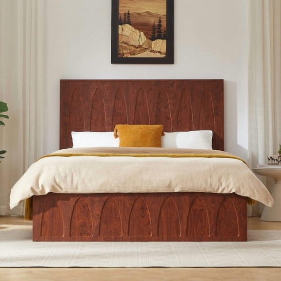 Queen Size Solid Wood Platform Bed Frame, Minimalist Natural Wood, with Side Storage Drawers, No Box Spring Needed, Curved Headboard Wood Slat Support, for Bedroom, Natural Wood
