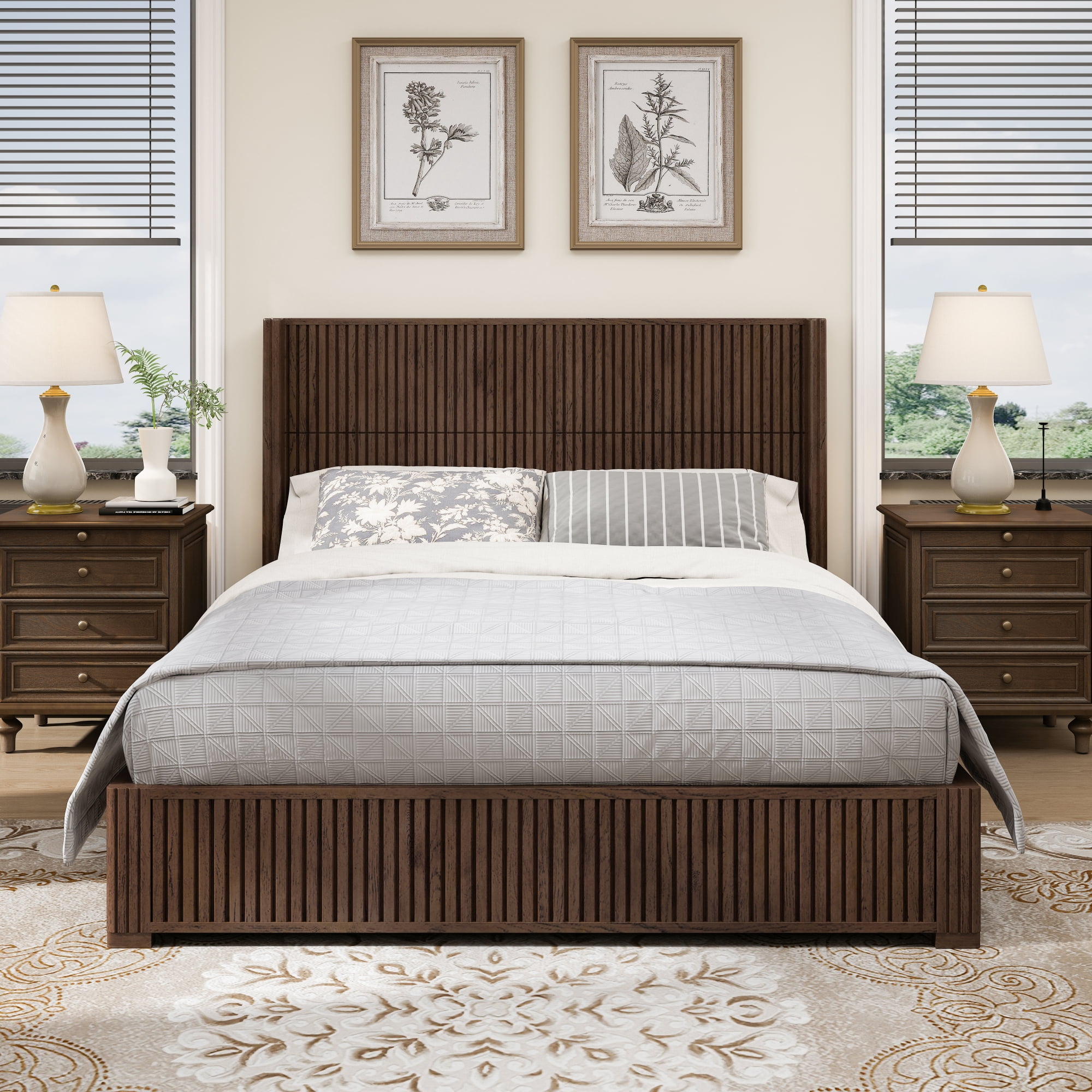 Queen Size Solid Wood Platform Bed Frame with Headboard, No Box Spring Needed, Easy Assembly
