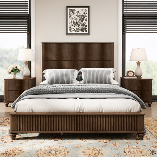 Queen Size Solid Wood Platform Bed Frame with Tall Headboard and Footboard, Natural Wood Grain, No Box Spring Needed, Easy Assembly, Walnut