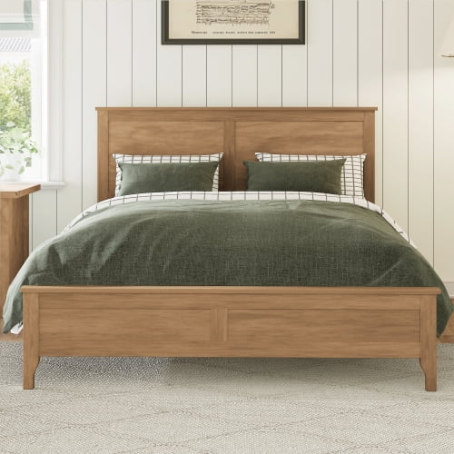 Queen Size Solid Wood Platform Bed, Modern Pine Wood Bed Frame with Slat Support, No Box Spring Needed, Seadrift Finish