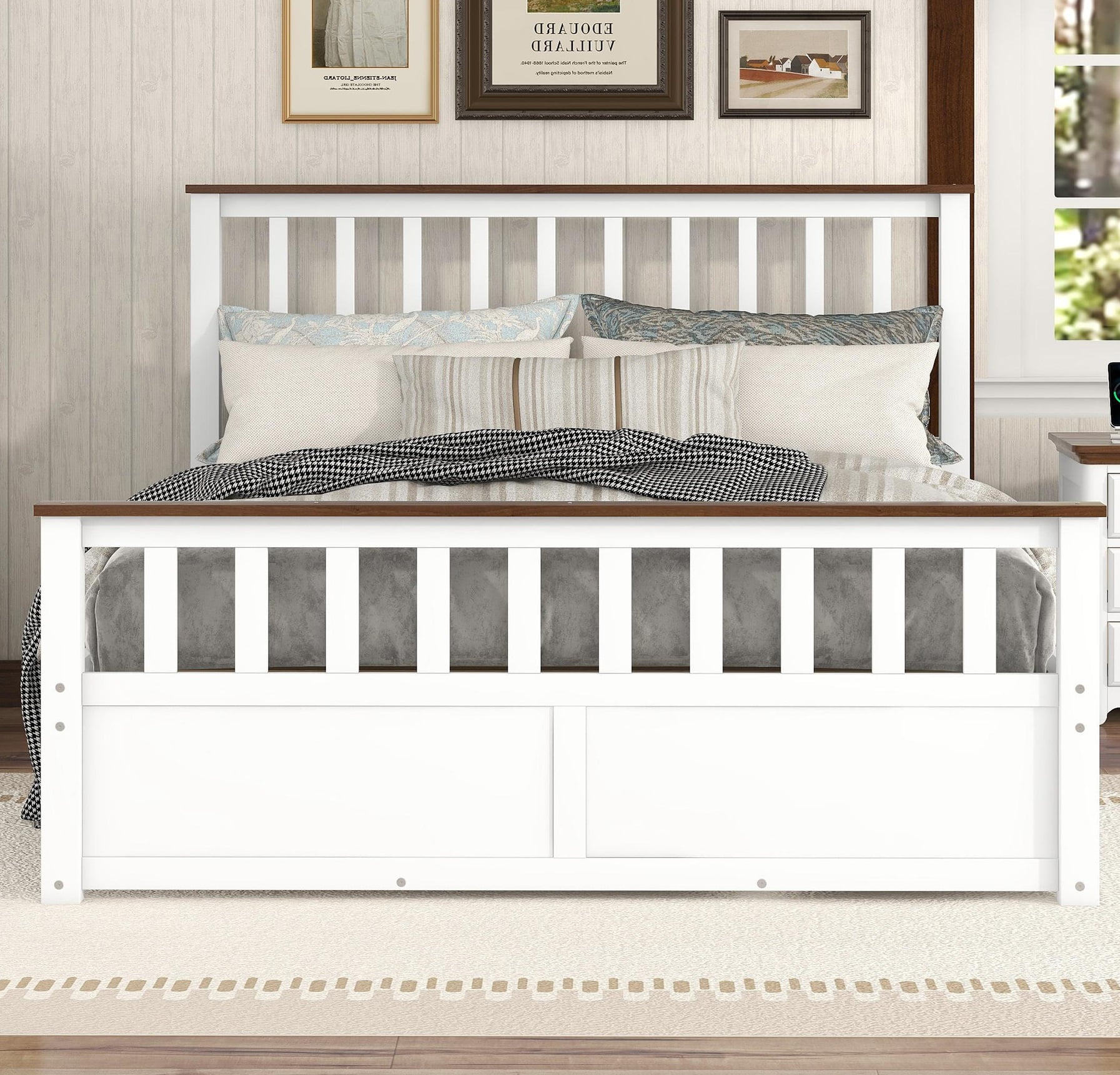 Queen Size Solid Wood Platform Bed with Wooden Slats, Platform Bed with Headboard, No Box Spring