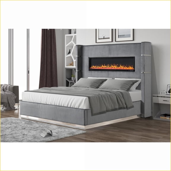 Queen Size Solid Wood Platform Bed with Ambient Fireplace Display & Gray Velvet Upholstery No Box Spring Needed