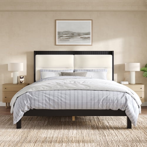 Queen Size Solid Wood Platform Bed with Beige Velvet Upholstered Headboard, Black Wood Frame for Bedroom, No Box Spring Needed