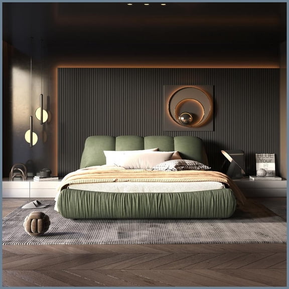 Queen Size Solid Wood Platform Bed with Oversized Padded Backrest, No Box Spring Needed, Green for Master Bedroom