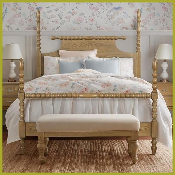Queen Size Solid Wood Platform Bed with Turned Legs Camel Oak for Master Bedroom