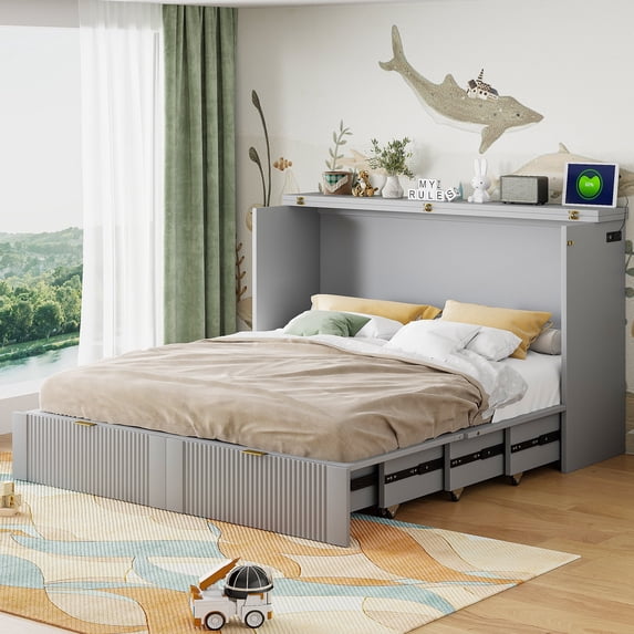 Queen Size Solid and Stable Murphy Bed with Drawer and a Set of Sockets & USB Ports, Pulley Structure Design (Gray)