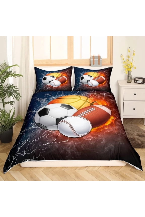 Queen Size Sports Quilt Set for Boys - 3Pcs Baseball, Soccer, Basketball & Football Bedspread | Soft Luxury Bed Cover for Kids & Teens | Cool Fire Ice Trippy Lightning Decor