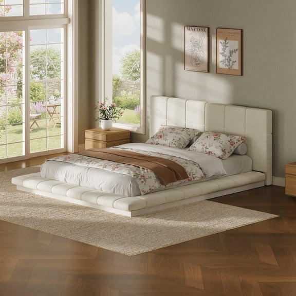 Queen Size Square Tufted Upholstered Bed Frame with Padded Headboard, Low Profile Metal Slat Base and Anti-Collision Surround, No Box Spring Needed, Easy Assembly, Off-White