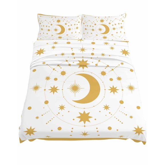 Queen Size Star Moon Sheet Sets Retro Gorgeous Gold White Polka Dots Stars Moon Soft Breathable Microfiber Bed Sheets Deep Pockets 4 Piece Bed Sheets Set, 1 Fitted Sheet, 1 Flat Sheet & 2 Pillowcases