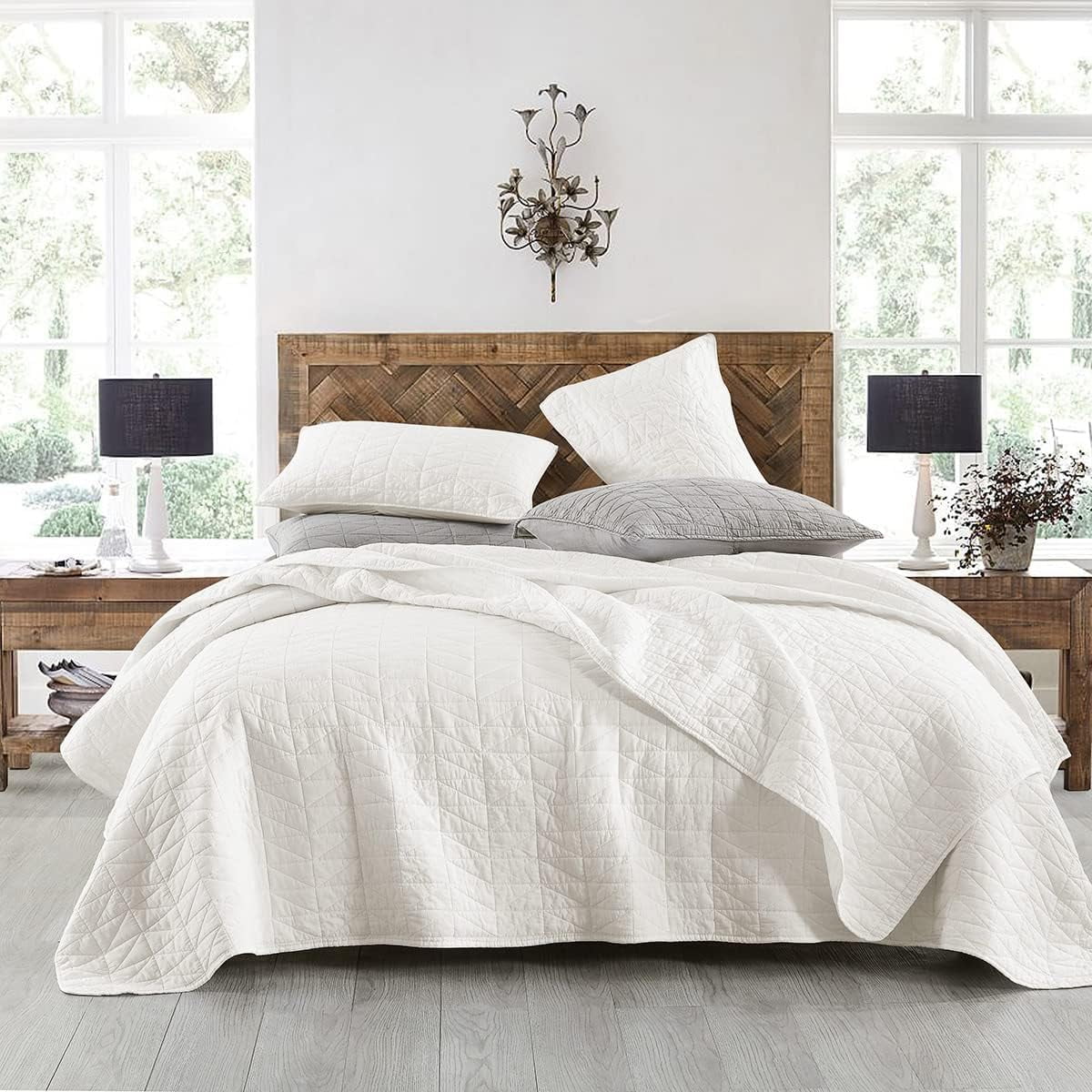 Queen Size Stone-Washed Cream White Quilt Set, Ultra Soft Lightweight 3 ...