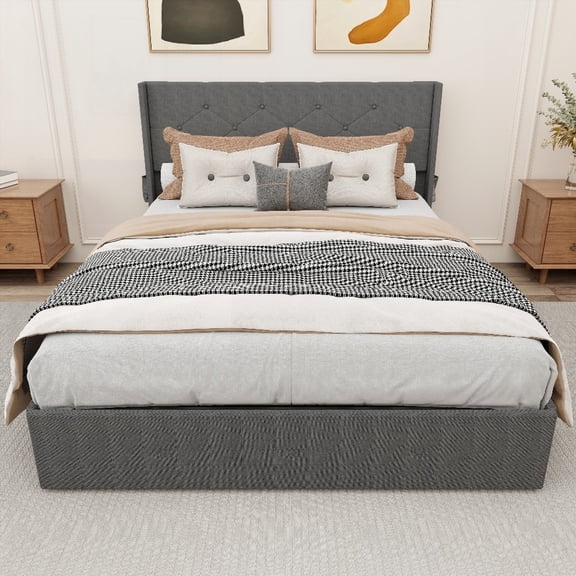 Queen Size Metal Platform Bed Frame with Storage, No Box Spring Needed, Gray, Bedroom
