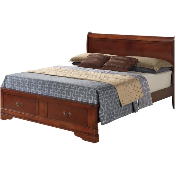 Queen Size Storage Bed Frame with Headboard and 4 Drawers, Cherry Finish Platform Bed with Underbed Storage