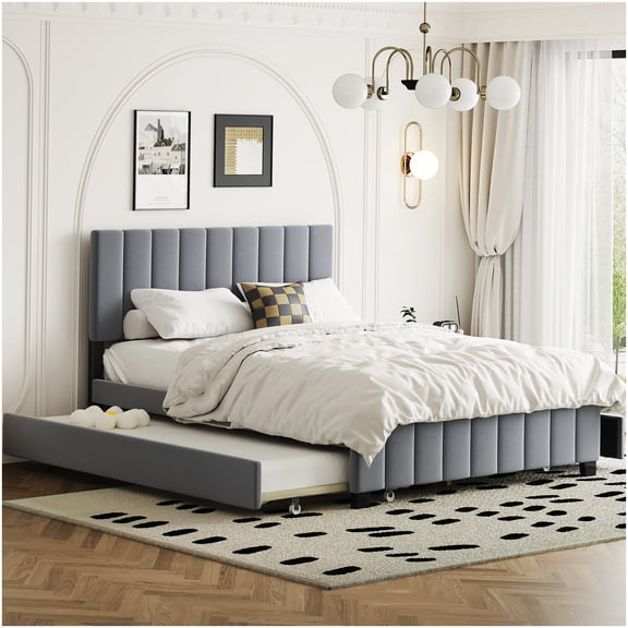 Queen Size Storage Bed Frame with Pull Out Trundle and Upholstered Headboard