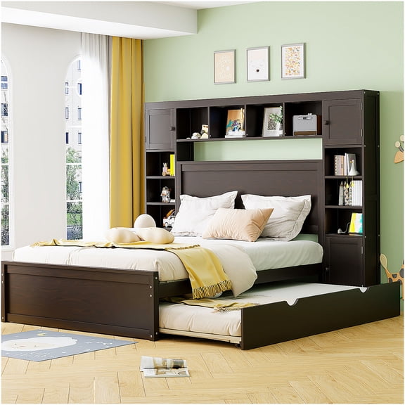 Queen Size Storage Bed Frame with Trundle, Outlets, Shelves & Cabinets, Solid Wood Platform Bed with Ample Storage and Modern Espresso Finish