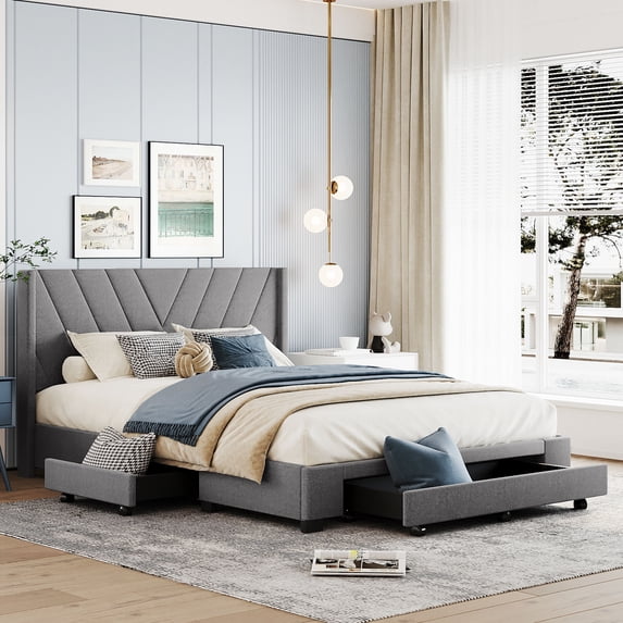 Queen Size Storage Bed, Linen Upholstered Platform Bed with Headboard and 3 Drawers, Bedroom Queen Platform Bed Frame with Slat Support for Teens, Adults, No Box Spring Needed, Gray