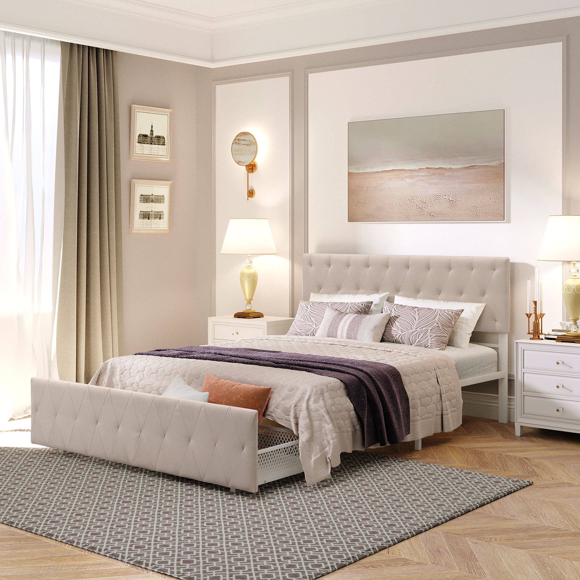 Queen Size Storage Bed, Metal Platform Bed with a Big Drawer, Beige