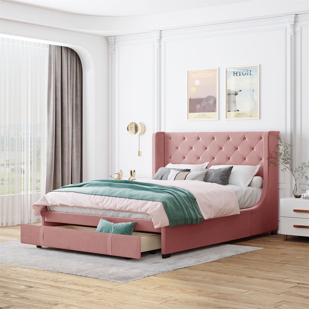 rose Queen Size Storage Bed, Velvet Upholstered Platform Bed with