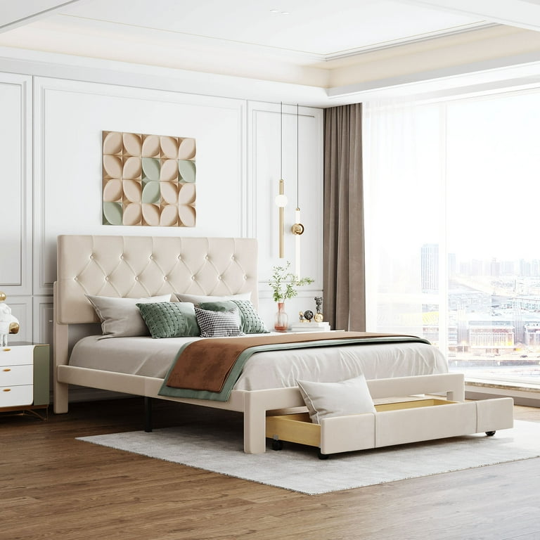 Queen Size Storage Bed Velvet Upholstered Platform Bed w/ A Big Drawer - Beige