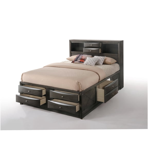 Queen Size Storage Bed with Bookcase Headboard and 8 Drawers, Gray Oak Modern Platform Bed Frame with High Weight Capacity, No Box Spring Needed