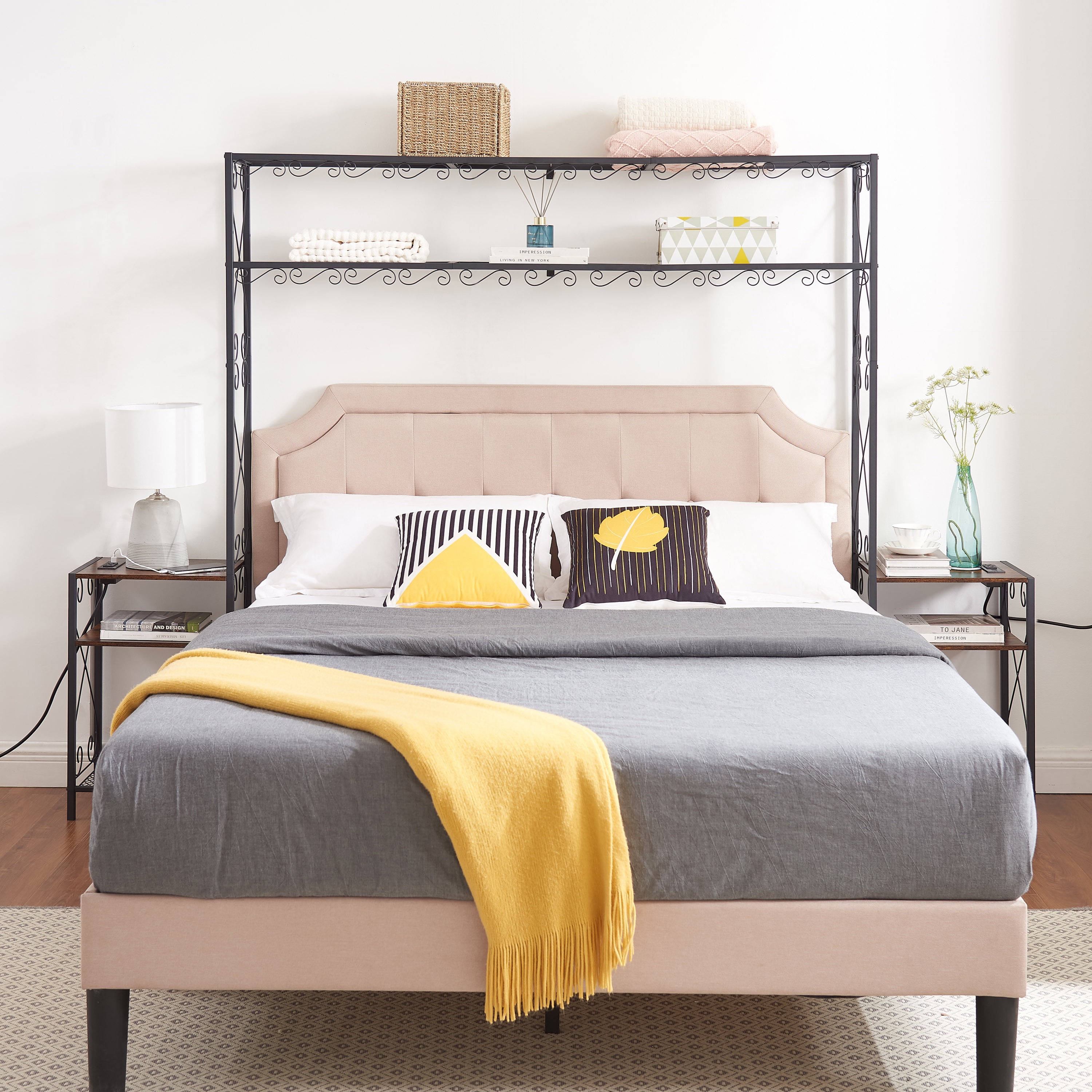 Queen Size Storage Headboard,Headboard with 2 Nightstands,Metal and