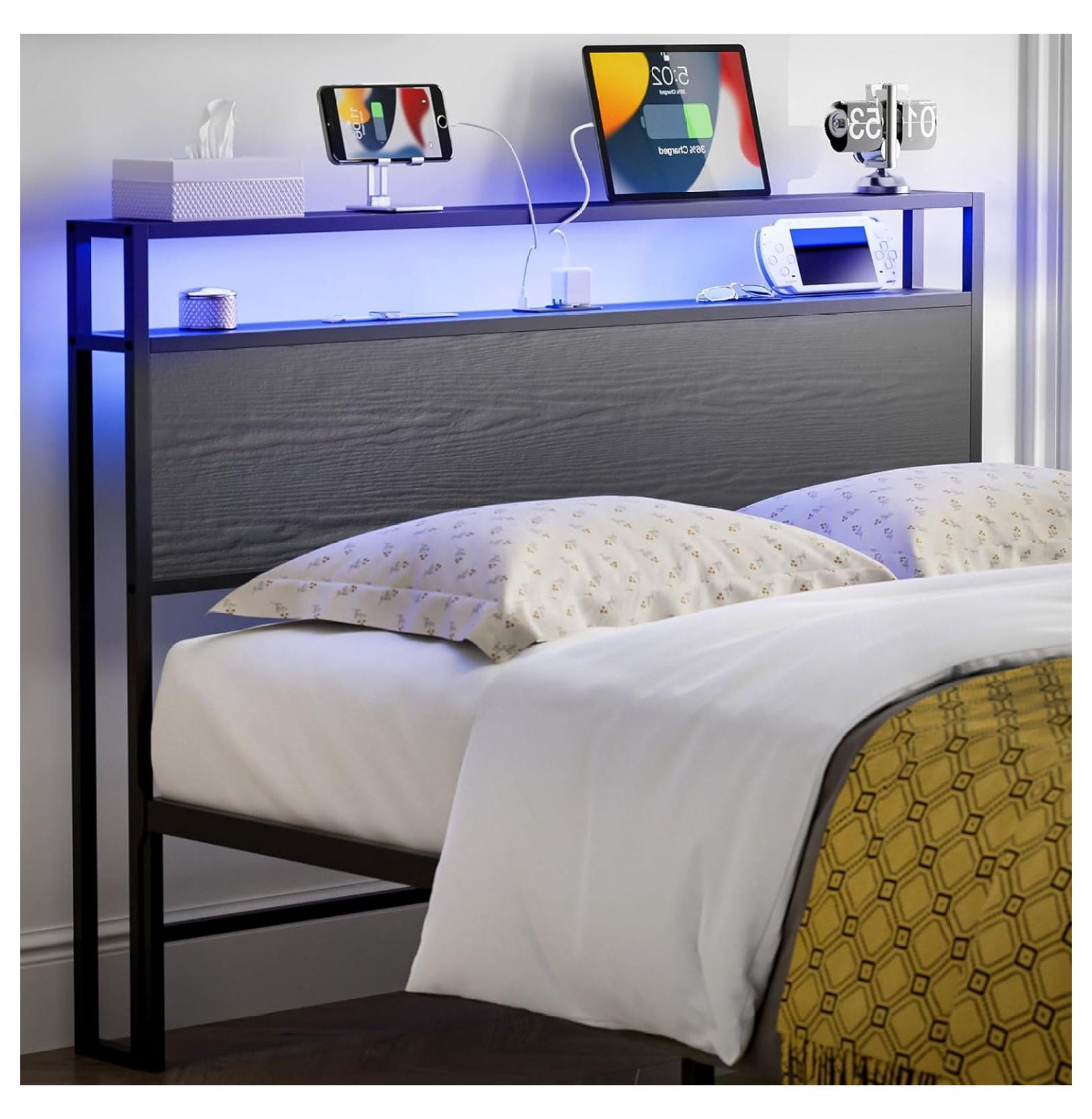 Queen Size Storage Headboard with LED Lights & Charging Station,2Tier